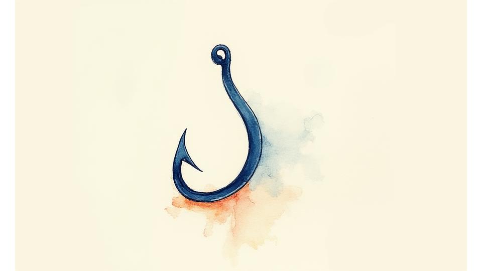 Calligraphy depicting an elegant fishing hook within a wave pattern